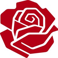Også politiske partier bruger rosen som symbol. Her er det socialdemokratiets logo.